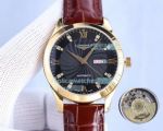Replica Longines Black Dial Rose Gold Case Brown Leather Strap Watch 42mm